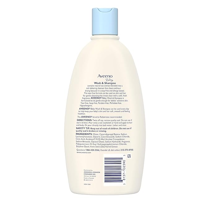 Aveeno Baby Daily Moisture Gentle Body Wash & Shampoo with Oat Extract, 2-in-1 Baby Bath Wash & Hair Shampoo 18 fl.