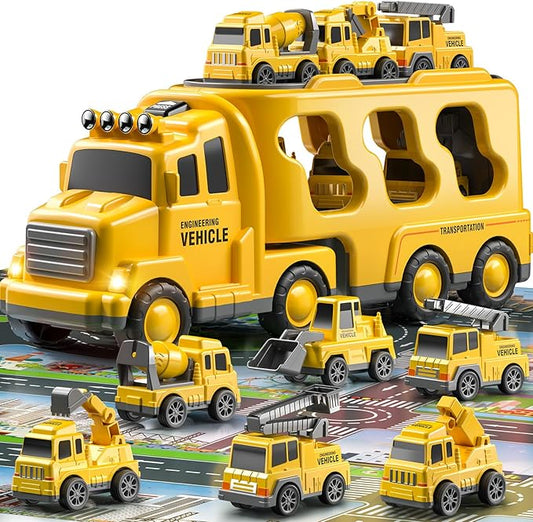 TEMI Construction Truck Toys Car for 3 4 5 6 Year Old Toddlers Boys, 7-in-1 Carrier Construction Vehicles Toys w/Play Mat