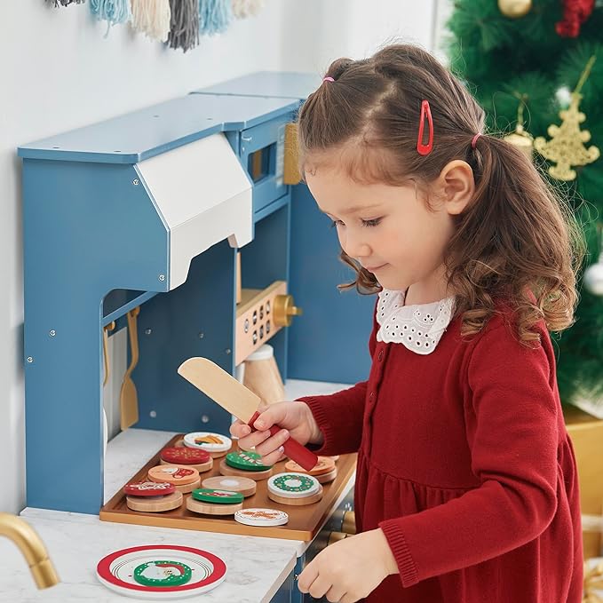 Teamson Kids Cuttable Christmas Cookie Play Wooden Food Set with Sliceable Cookies, Decorations, and Cookie Sheet - for 3 yrs. and up - Multi