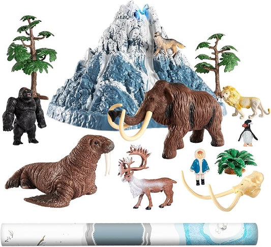 TEMI Prehistoric Animal Toys for Kids 3-5, Safari Animals Figurines and Snow Volcano Toy Set with Play Mat for Toddlers Mammoth, Lion and Gorilla, Educational Gifts for Toddlers 3 4 5 6 7 8 Years