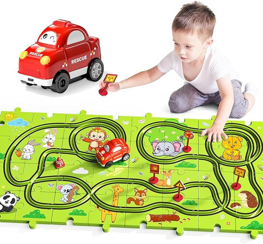 TEMI 32 PCS New Plastic Puzzles, car Tracks playset for Kids Ages 3-5 with 3 Cute Vehicle 4 5 6 Year