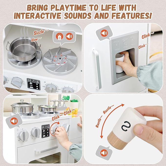 Wooden Play Kitchen for Kids with Realistic Lights and Sounds, Large Toddlers Interactive Kitchen Playset with Ice Maker, Stove, Sink, Oven, and 12 Accessories, Pretend Play Kitchen Set for Ages 3-8