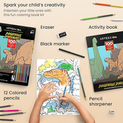 ARTEZA Kids Coloring Book and Colored Pencils Set, Dinosaur Illustrations, 50 Double-Sided Sheets, 100-lb Paper