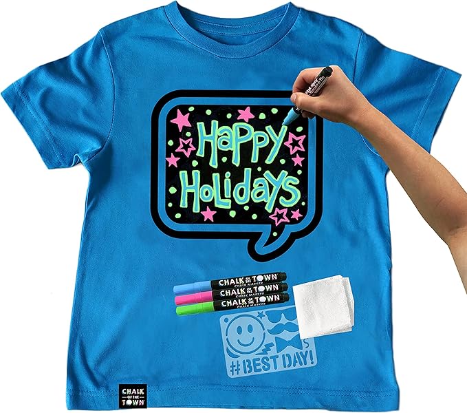 Blue Speech Bubble Chalkboard Short Sleeve T-Shirt Kit for Kids with 3 Markers and 1 Stencil, (Youth Large)