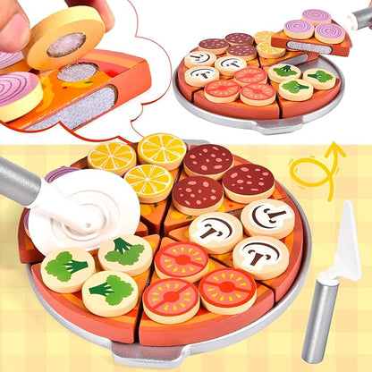 Wooden Pizza Toy 50pcs Toddler Pizza Counter Playset Kids Pretend Play Kitchen Accessories with Play Food, Bake Oven, Chef Role Play Set Xmas Birthday Gift for 3 4 5 6 Year Old Boys Girls