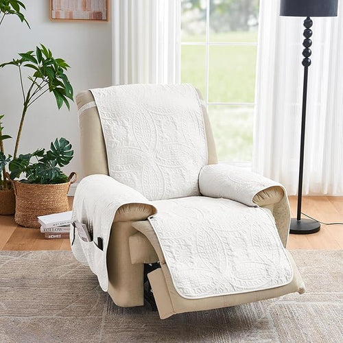 Quilted Recliner Chair Covers, Water-Repellent Recliner Slipcovers, White Recliner Covers Stay in Place, Pet Friendly Recliner Cover for Dogs, Washable Chair Protector (Recliner 22", White)
