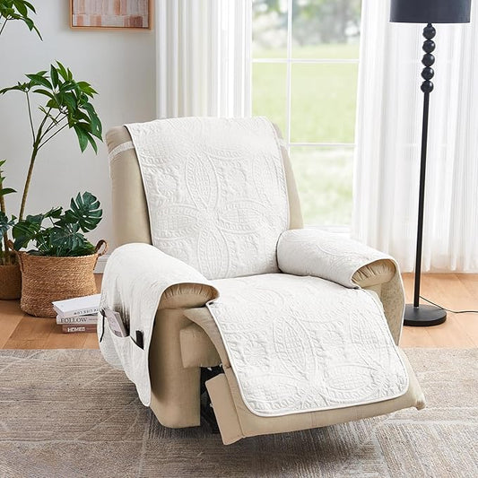 Quilted Recliner Chair Covers, Water-Repellent Recliner Slipcovers, White Recliner Covers Stay in Place, Pet Friendly Recliner Cover for Dogs, Washable Chair Protector (Recliner 22", White)