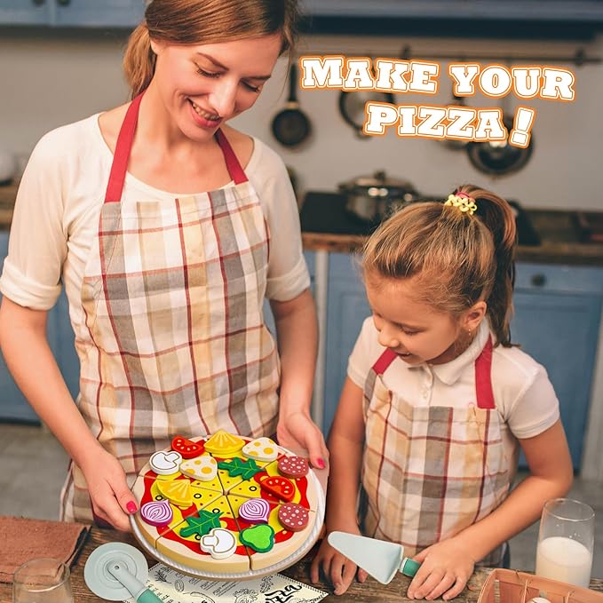 Wooden Pizza Toy Cutting Play Food，26Pcs Pizza Toys for Kids Ages 3-5，Kids Pizza Playset Pretend Play Kitchen Accessories，Play Pizza Set for Kids Wood Cooking Toys Birthday