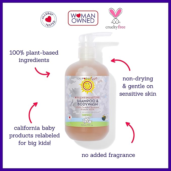 California Kids Super Sensitive Unscented Shampoo and Bodywash | 100% Plant-Based 562 mL 19 oz.