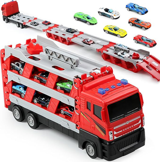 Toy Trucks with 64-Inch Ejection Race Track, Catapulting Racing Track with 6 Cars 4 5 6 7 8 9