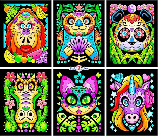 Stuff2Color Amazing Animals - 6 Pack of Fuzzy Black Velvet Coloring Posters - (Great for Kids, Adults, Group Activities) - Includes Unicorn, Panda, Cat, Otter, Gorilla, Gator (Arts and Crafts Fun)