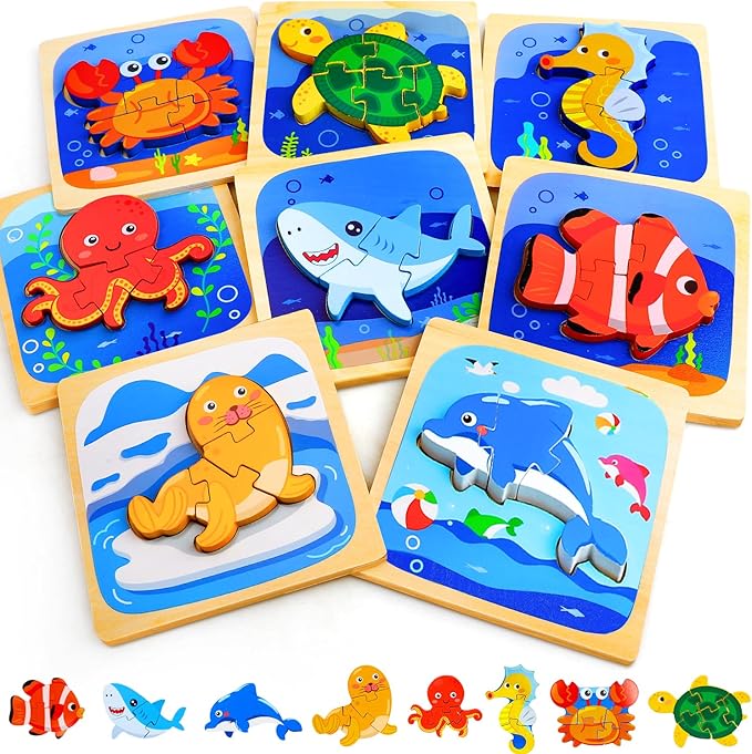TOY Life Wooden Puzzles for Toddlers 2-4, Sea Animals Toddler Puzzles, Puzzles for Toddlers 1-3, Wood Puzzles Educational Montessori Toys Gifts for 1 2 3 Year Old, Baby Puzzles Kids Learning Toy