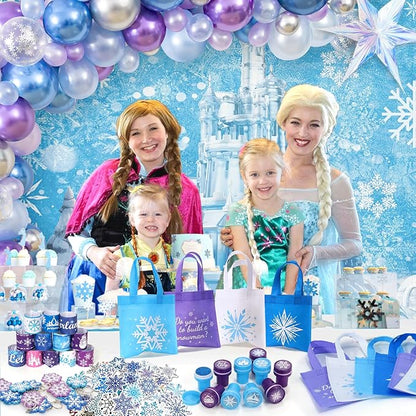 Winrayk 98Pcs Frozen Party Favors Birthday Supplies, Non Woven Tote Bag Snowflake Keychain Sticker Bracelet, Pinata Filler Goody Bag Stuffer Kids Classroom Prize Girls Elsa Frozen Party Supplies Decor