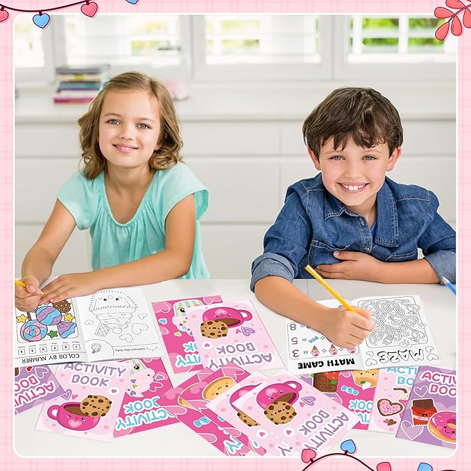 Valentine’s Day Activity Books for Kids - 24Pcs Desserts Theme Mini Games Coloring Book Set Bulk Mazes Word Search Word Scramble Games for Valentines Party Goodie Bags Stuffers School Classroom Favors