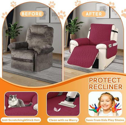 XINEAGE 100% Waterproof Recliner Chair Covers with Elastic Straps, Nonslip Reclining Couch Covers Washable Recliner Couch Cover with Pockets Furniture Protector for Pets Dogs (Wine Red, 23")