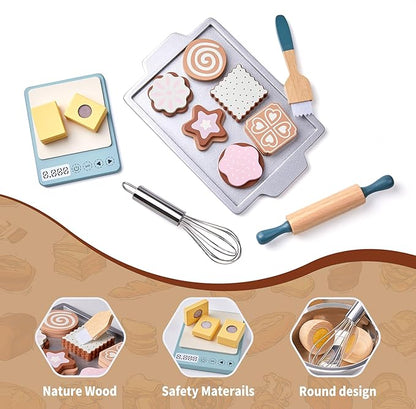 Wooden Play Food Sets for Kids, Pretend Play Kitchen Accessories with Shopping Bag, Cutting Toys, Gift for Boys and Girls Ages 3-6
