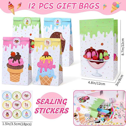 Winrayk Ice Cream Party Favors Birthday Supplies for 12 Kids, Drinking Straw Gift Bag Diy Sticker Keychain Slap Bracelet, Goody Bag Stuffers Pinata Filler Girls Two Sweet Birthday Party Supplies Decor