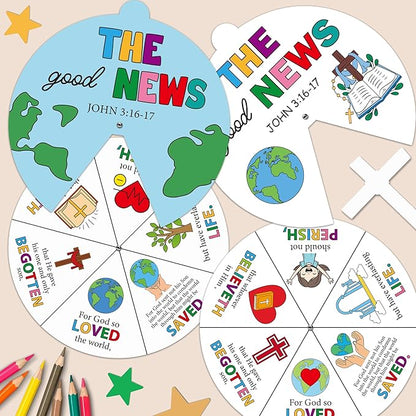 COcnny Religious Christian Craft Activities - 24 Sets John 3:16 Coloring Crafts for Kids, Color Your Own Bible Wheel Cards, DIY Jesus Biblical The Good News Art Paper Game for Sunday School Class Home