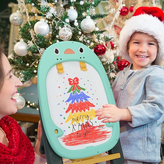 Table Easel for Kids, Double Sided Adjustable Tabletop Drawing Magnetic Easels with Graffiti and Board Game Accessories for Toddlers Boys and Girls (Blue)