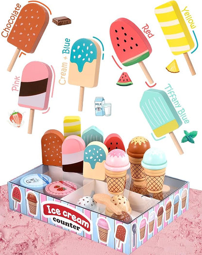 Wooden Ice Cream Toys Kids Kitchen Play Store for Toddlers Girls, Play Kitchen Accessories with Scoop & Menu & Fake Money, Wooden Toys for 3 4 5 Year Old Girls Boys Birthday
