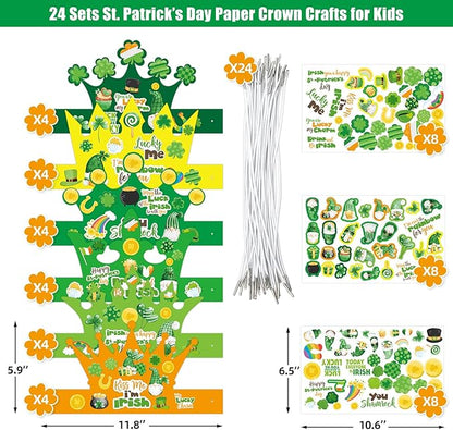 WorldBazaar St. Patrick's Day Crown Hat Craft for Kids 24 Pack Lucky Shamrock Clover Paper Hat with Stickers Green Irish Classroom Family Party Favors Supplies