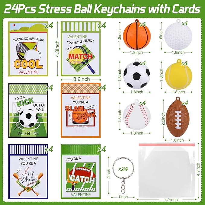 Valentines Gifts for Kids,24Pack Valentines Day Cards for Kids School with Stress Ball Keychain for Valentines Sports Party Favors Kids Classroom Prize Gift Exchange Class Valentines