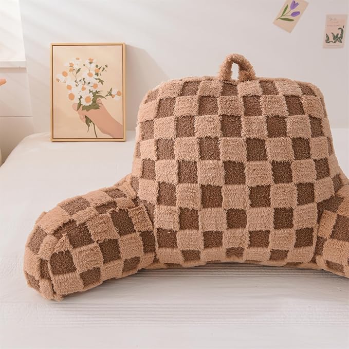 Aimuan Reading Pillow Checkered Bed Rest Wedge Backrest Checkerboard Pillow with Arms Back Support for Sitting Up in Bed Cushion Incline Rest Sleeping Snoring Pillow (Khaki,Large)