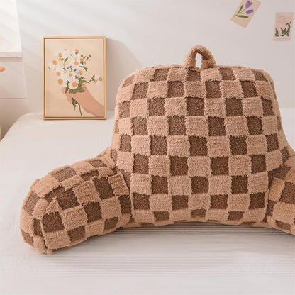 Aimuan Reading Pillow Checkered Bed Rest Wedge Backrest Checkerboard Pillow with Arms Back Support for Sitting Up in Bed Cushion Incline Rest Sleeping Snoring Pillow (Khaki,Large)
