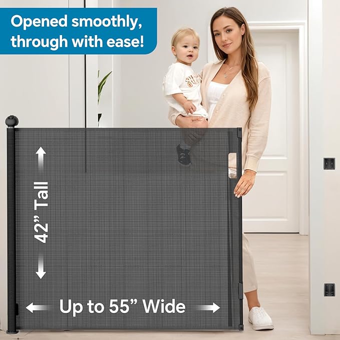 Bulubaky Extra Tall Safety Retractable Baby Gate Adjustable Wide Retractable Dog Gate Mesh Baby Gate Child Gate for Doorway, Hallway, Stair Gates for Kids or Pets (Black, 42" Tall x 55" Wide)