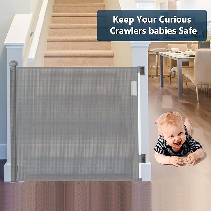 Bulubaky Extra Tall Safety Retractable Baby Gate Adjustable Wide Retractable Dog Gate Mesh Baby Gate Child Gate for Doorway, Hallway, Stair Gates for Kids or Pets (Grey, 33" Tall x 110")
