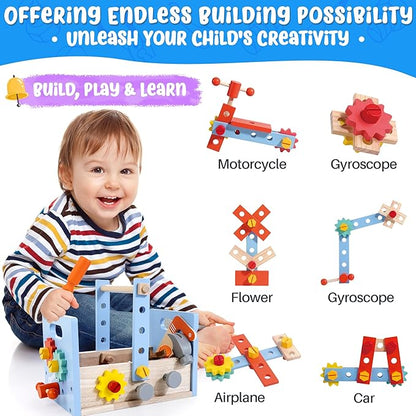 Bravmate Wooden Tool Set for Kids 2-5 Years Old - 38pcs Take-Along Toddler Tool Kit with Tool Box, STEM Montessori Toys Christmas Birthday Gift for 2 3 4 5 Year Old Boys Girls