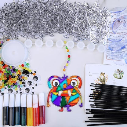 Winlyn 27 Sets Halloween Craft Kits Fall Crafts Monster Suncatchers Ornaments Decorations DIY Window Paint Art Suncatchers Hanging Monster Sun Catchers for Kids Classroom Party Activities