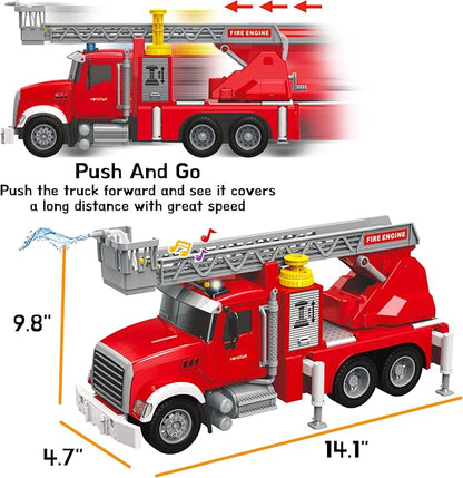 Fire Truck Toy Set for Kids - Fire Engine Truck with Water Spraying Hose, Rotating Ladder + 3 Fireman Firefighters 4-7, Girls 3 Years