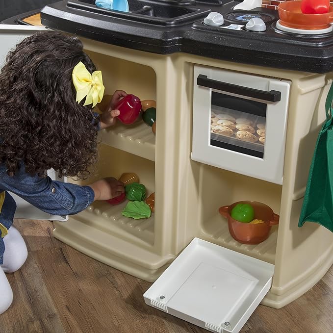 Step2 Great Gourmet Kids Kitchen Playset, Indoor/Outdoor Kitchenette, Interactive Play with Lights and Sounds, Made of Durable Plastic, Includes 33 Piece Toy Accessories, Toddlers 3+ Years Old, Tan