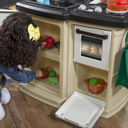 Step2 Great Gourmet Kids Kitchen Playset, Indoor/Outdoor Kitchenette, Interactive Play with Lights and Sounds, Made of Durable Plastic, Includes 33 Piece Toy Accessories, Toddlers 3+ Years Old, Tan