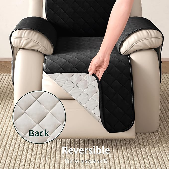 CHUN YI Recliner Chair Cover, Non-Slip Recliner Covers That Stay in Place, Washable Lazy Boy Recliner Covers with Pockets, Water Resistant Recliner Slipcover for Pets (Black, Small Recliner)