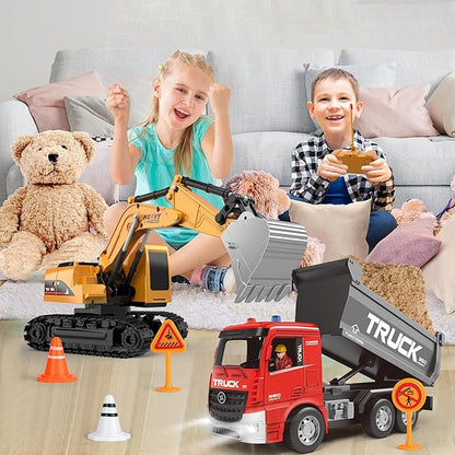 Play-Vehicles Kids Excavator Trucks Toy - Pull Back Powered Red 2 Pack 3-12 Boys