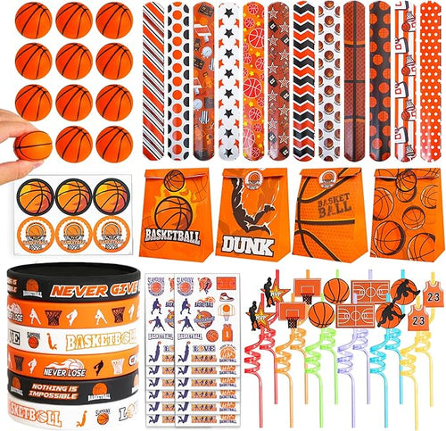 Basketball Party Favors Set 72 PCS Basketball Slap Bracelets Straws Tattoo Stickers Mini Stress Ball Silicone Bracelets Gift Bags for Kids Adults Sports Basketball Birthday Gift Classroom Rewards