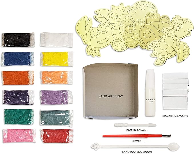VHALE Peel and Stick Magnetic Sand Art Board, 5 MDF Sand Art Sets with Non Scratch Magnets, Peel, Sprinkle and Stick Designs, 12 Sand Colors, Fridge Decor, Kids Party Favors (Sea Life)