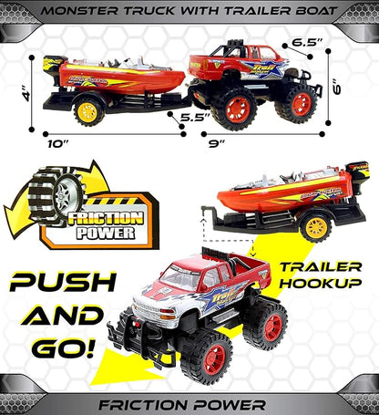 Mozlly Monster Truck Toys Set with Trailer Toy Boat - Friction Powered Hauling Truck and Trailer Toy, Big Toy Monster Truck with Boat 9 Inch