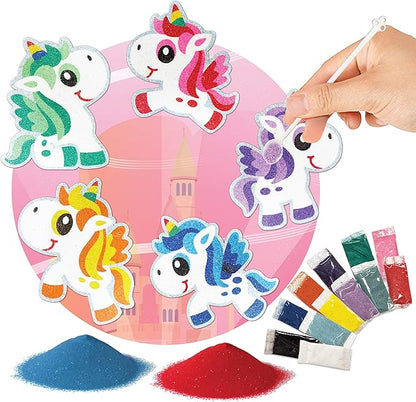 VHALE Peel and Stick Magnetic Sand Art Board, 5 MDF Sand Art Sets with Non Scratch Magnets, Peel, Sprinkle and Stick Designs, 12 Sand Colors, Fridge Decor, Kids Party Favors (Unicorn)