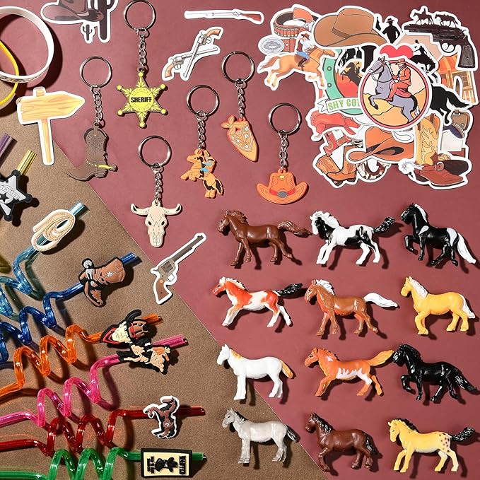 Western Cowboy Party Favors Rodeo Birthday Supplies for Kids Miniature Horse Toys Straw Silicone Bracelet Keychain Sticker Filler Goodie Bag Stuffers, Cowboy Western Party Favors Supplies