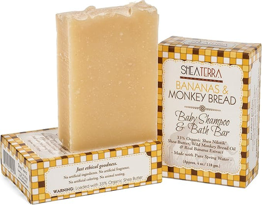 Shea Terra Organics Mama and Baby Collection | Bananas & Monkey Bread Baby Shampoo & Bath Bar 4oz