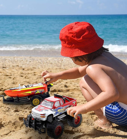 Mozlly Monster Truck Toys Set with Trailer Toy Boat - Friction Powered Hauling Truck and Trailer Toy, Big Toy Monster Truck with Boat 9 Inch
