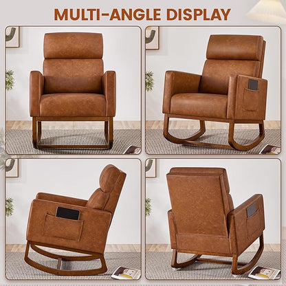Yaheetech Rocking Chair, Leather Nursery Glider Chair, Upholstered Accent Chair with Rubber Wood Legs and Side Pockets, High Back Armchair for Living Room, Bedroom, Brown
