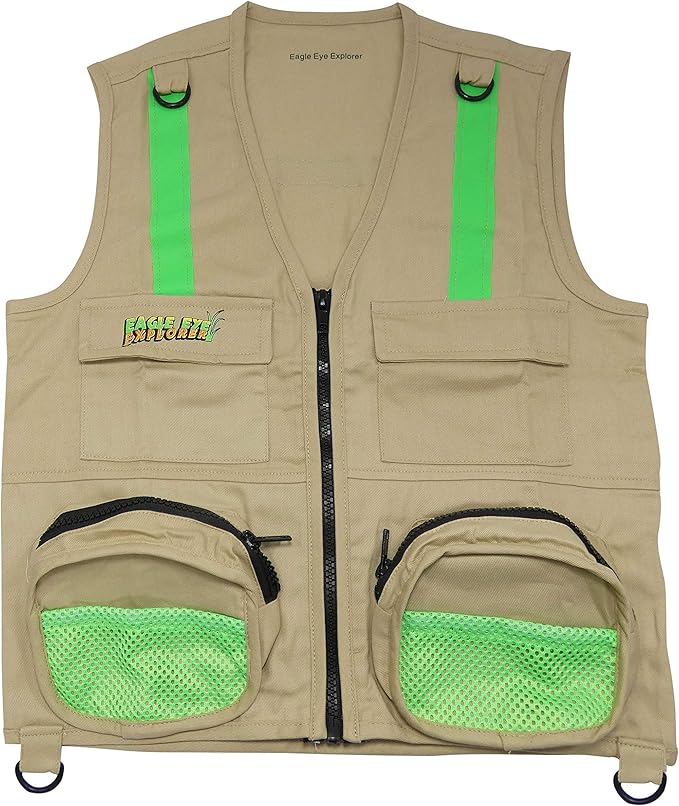 Youth M/L Combination Set Boys and Girls: 1 Tan Cargo Vest for Kids with Reflective Safety Straps & Sun Hat with Chin Strap. Color: Youth M/L Tan