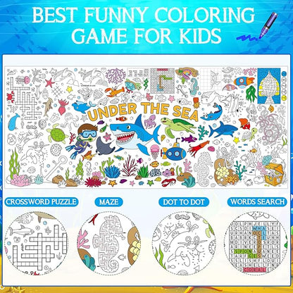 Under The Sea Large Coloring Poster for Kids 30 x 72 Inch, Ocean Animals Giant Coloring Paper Tablecloth, Sea Themed Color-in Activities Games for Kids School Classroom Home Party Supplies Decorations