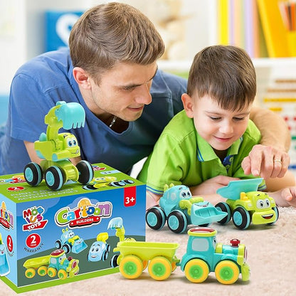 Toys for a 2 Year Old Boy - 4 Friction Powered Trucks for 3+ Year Old Boys, Push & Go Cars Cartoon Construction Vehicle Set