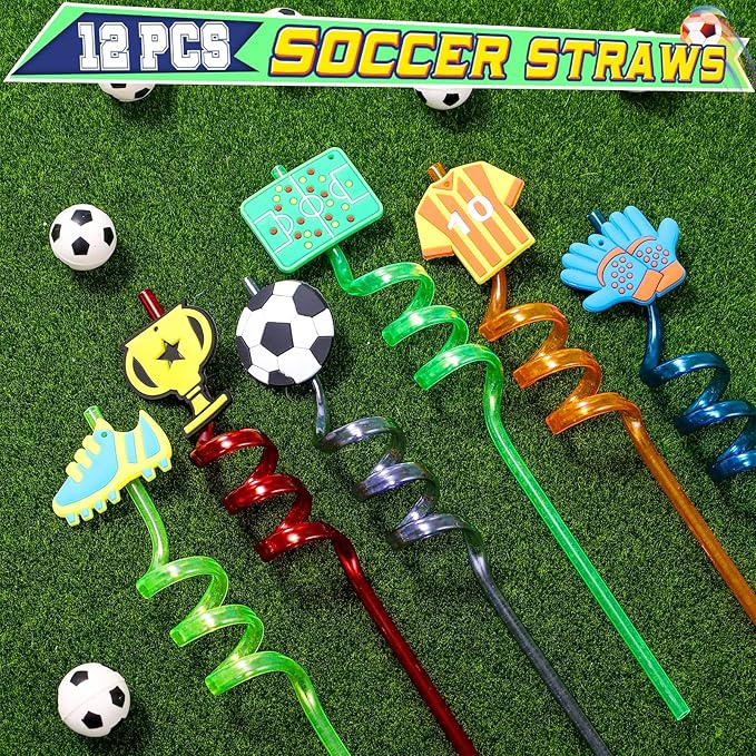 Winrayk 146Pcs Soccer Party Favors Birthday Supplies for Kids, Straw Bouncy Ball Puzzle Toy Bracelet Gift Bag Whistle Sticker Keychain, Goody Stuffer Girls Boys Sports Soccer Themed Party Favors Decor