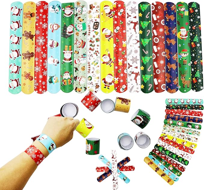 45Pcs Christmas Slap Bracelets for Kids Christmas Slap Bracelets Bulk for Boys and Girls holiday Slap Bracelet Party Supplies Favors Classroom Prizes Exchanging Gifts